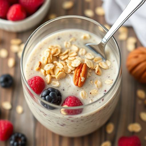 A bowl of overnight oats with berries and nuts.
