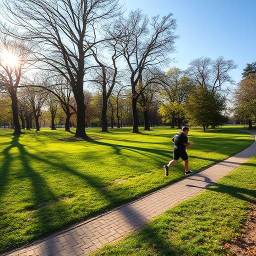 A person running outdoors in a park during a sunny morning, promoting the benefits of physical exercise