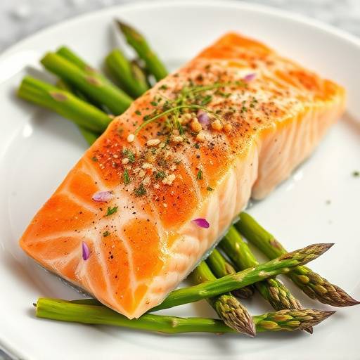 A salmon fillet with asparagus spears on a plate.