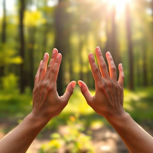 Close-up of hands in a meditative pose with sunlight filtering through trees